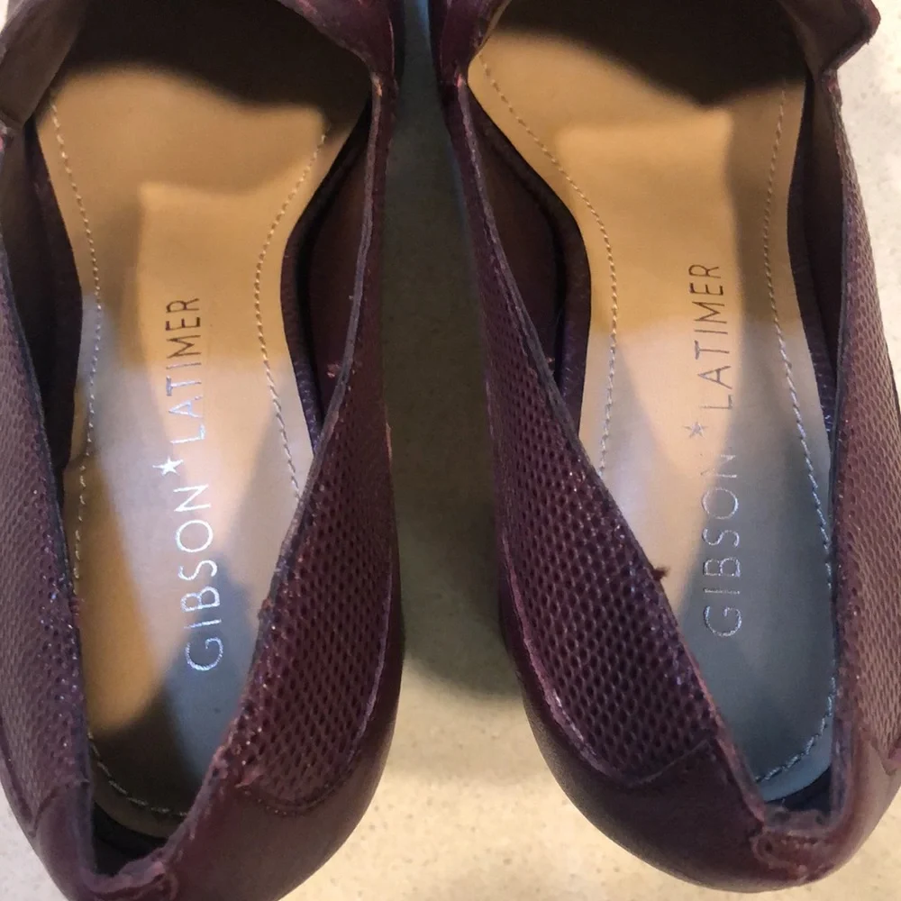 GIBSON & LATIMER RITAH LIZARD EMBOSSED GOAT LEATHER BLOCK HEELS DARK RED SIZE 7